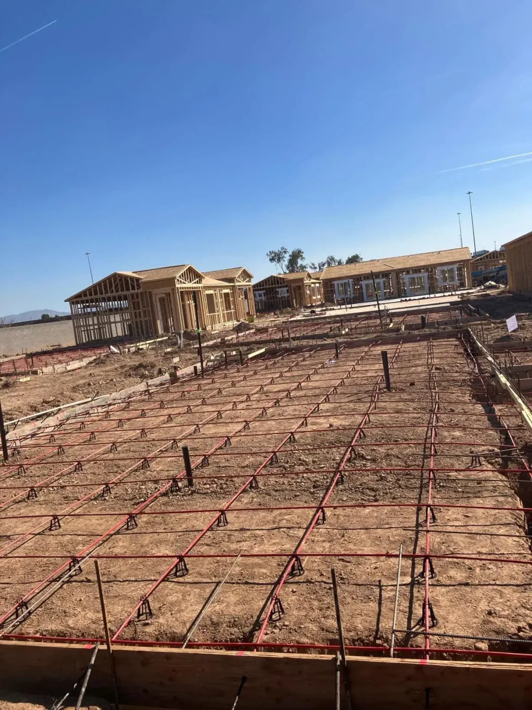 concrete foundations dug and reinforced, ready for a concrete pour. At a site of a retirement village in Albuquerque NM